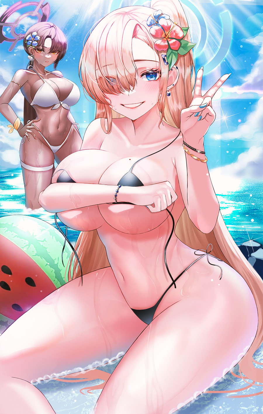 2girls alternate_costume asuna_(blue_archive) ball beachball bikini black_bikini blonde_hair blue_archive blue_eyes blue_nails breasts cleavage covering covering_breasts dark-skinned_female dark_skin ga_yeah grin hair_over_one_eye halo highres karin_(blue_archive) korean_commentary large_breasts long_hair looking_at_viewer micro_bikini multiple_girls nail_polish navel orange_eyes outdoors purple_hair revision sitting smile stomach sun swimsuit underboob untied untied_bikini v very_long_hair wading water white_bikini wide_hips