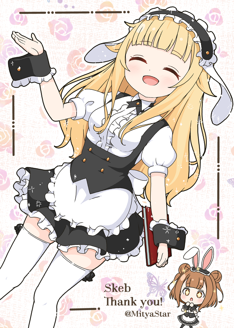 +_+ 2girls :d :o ^_^ animal_ears apron beatrice_(princess_principal) black_hairband black_skirt blonde_hair blush breasts brown_eyes brown_hair center_frills chibi chibi_inset closed_eyes collared_shirt commentary_request commission cosplay double_bun fake_animal_ears fleur_de_lapin_uniform floppy_ears floral_background frilled_apron frilled_hairband frilled_skirt frills gochuumon_wa_usagi_desu_ka? hair_bun hairband kirima_syaro kirima_syaro_(cosplay) long_hair medium_breasts mitya multiple_girls partial_commentary princess_(princess_principal) princess_principal puffy_short_sleeves puffy_sleeves rabbit_ears shirt short_sleeves skeb_commission skirt smile solo_focus thank_you thighhighs twitter_username two_side_up uniform very_long_hair waitress white_apron white_shirt white_thighhighs wrist_cuffs