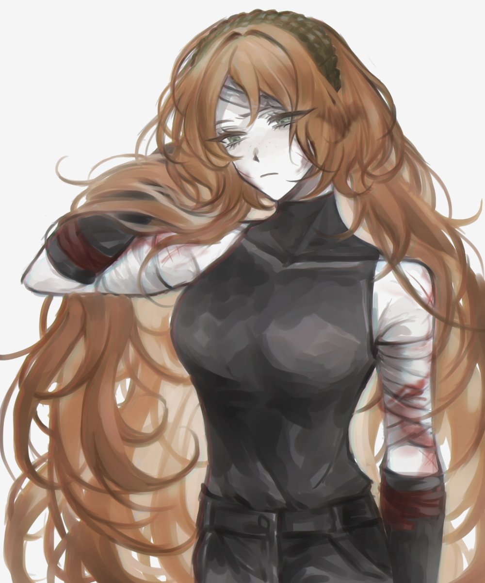 1girl arm_up bandaged_arm bandages black_pants black_shirt blood blood_on_bandages blood_on_face breasts closed_mouth covered_collarbone green_eyes hairband hand_up highres ishmael_(project_moon) large_breasts limbus limbus_company long_hair luull orange_hair pants project_moon shirt sleeveless sleeveless_shirt solo very_long_hair