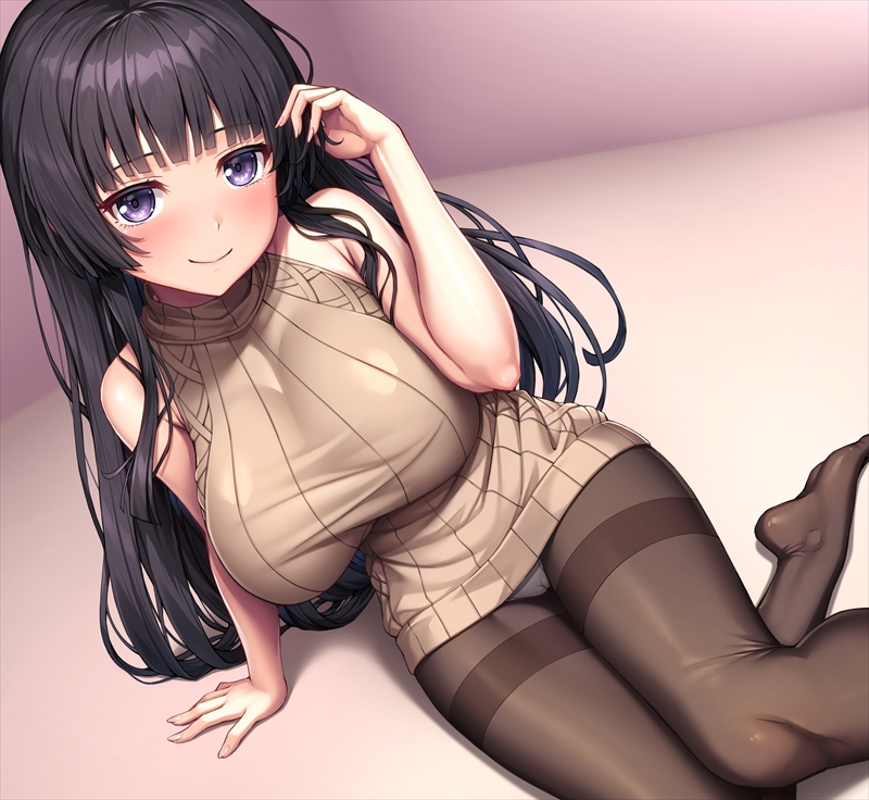 1girl arm_support arm_up bang_dream! bare_arms bare_shoulders black_hair blunt_bangs blush breasts brown_pantyhose brown_sweater cameltoe closed_mouth commentary_request dress fingernails foot_out_of_frame holding_own_hair indoors lambda_(kusowarota) large_breasts long_hair looking_at_viewer no_shoes on_floor panties panties_under_pantyhose pantyhose purple_eyes ribbed_sweater shadow shirokane_rinko sidelocks sitting sleeveless sleeveless_sweater sleeveless_turtleneck smile solo sweater sweater_dress thighband_pantyhose turtleneck turtleneck_sweater underwear very_long_hair wavy_hair white_panties yokozuwari