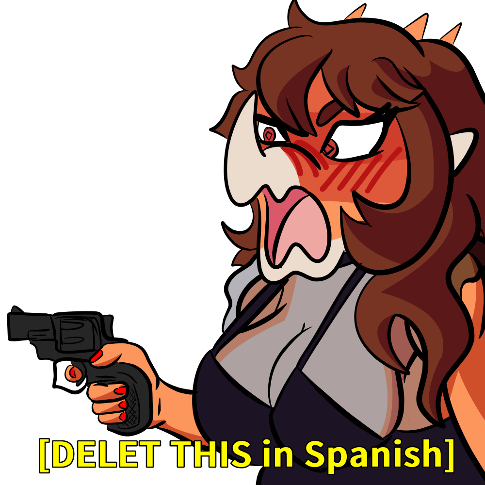 1:1 5_fingers alpha_channel anthro aquilops big_breasts blush breasts brown_hair ceratopsian cleavage clothed clothing delet_this dinosaur english_text female fingers goodbye_volcano_high gun hair handgun holding_gun holding_handgun holding_object holding_revolver holding_weapon horn long_hair meme open_mouth orange_body ornithischian ranged_weapon red_eyes red_fingernails reptile revolver rosa_(gvh) scalie simple_background snoot_game snub_nose solo spikes text tongue translucent translucent_clothing transparent_background unknown_artist weapon