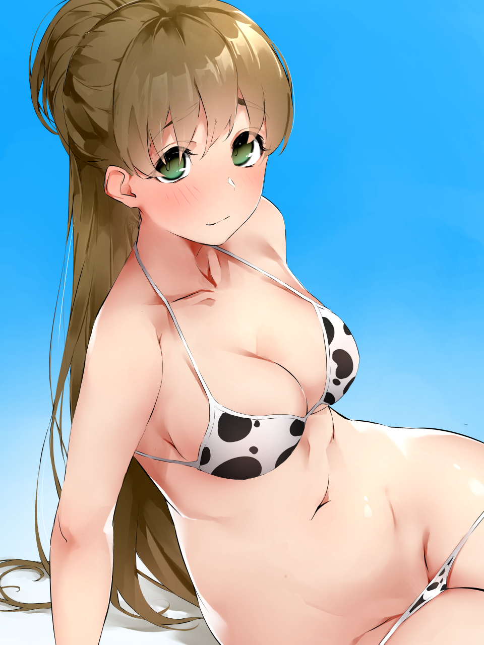 1girl alternate_costume bikini blush breasts brown_hair cleavage collarbone cow_print_bikini green_eyes groin half_updo highres idolmaster idolmaster_cinderella_girls karan light_smile long_hair looking_at_viewer makihara_shiho medium_breasts micro_bikini navel sitting solo stomach string_bikini swimsuit very_long_hair