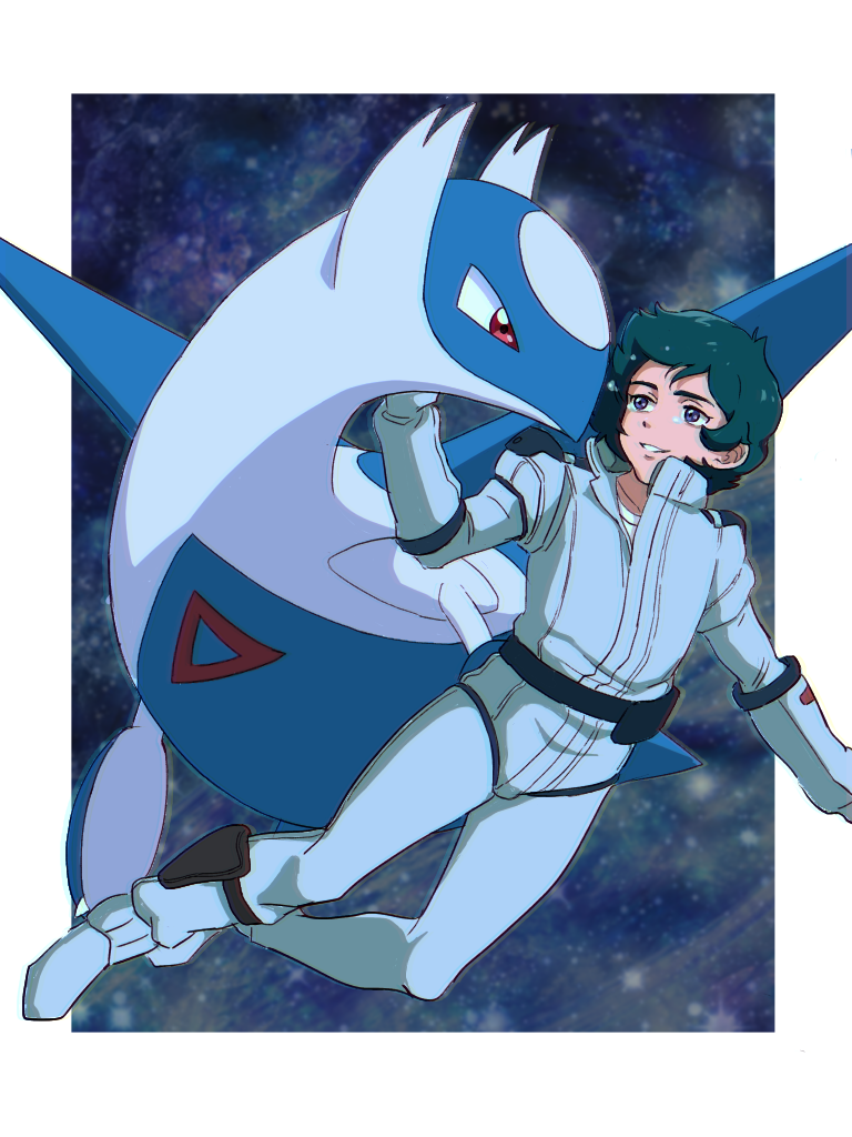 1boy asterisk_(user_fhvp2724) blue_hair border crossover crying crying_with_eyes_open full_body gloves grin gundam jumpsuit kamille_bidan latios leg_holster long_sleeves male_focus outside_border pokemon pokemon_(creature) pokemon_(game) pokemon_rse purple_eyes shirt short_hair smile space spacesuit star_(sky) tears undershirt white_border white_gloves white_jumpsuit white_shirt zeta_gundam