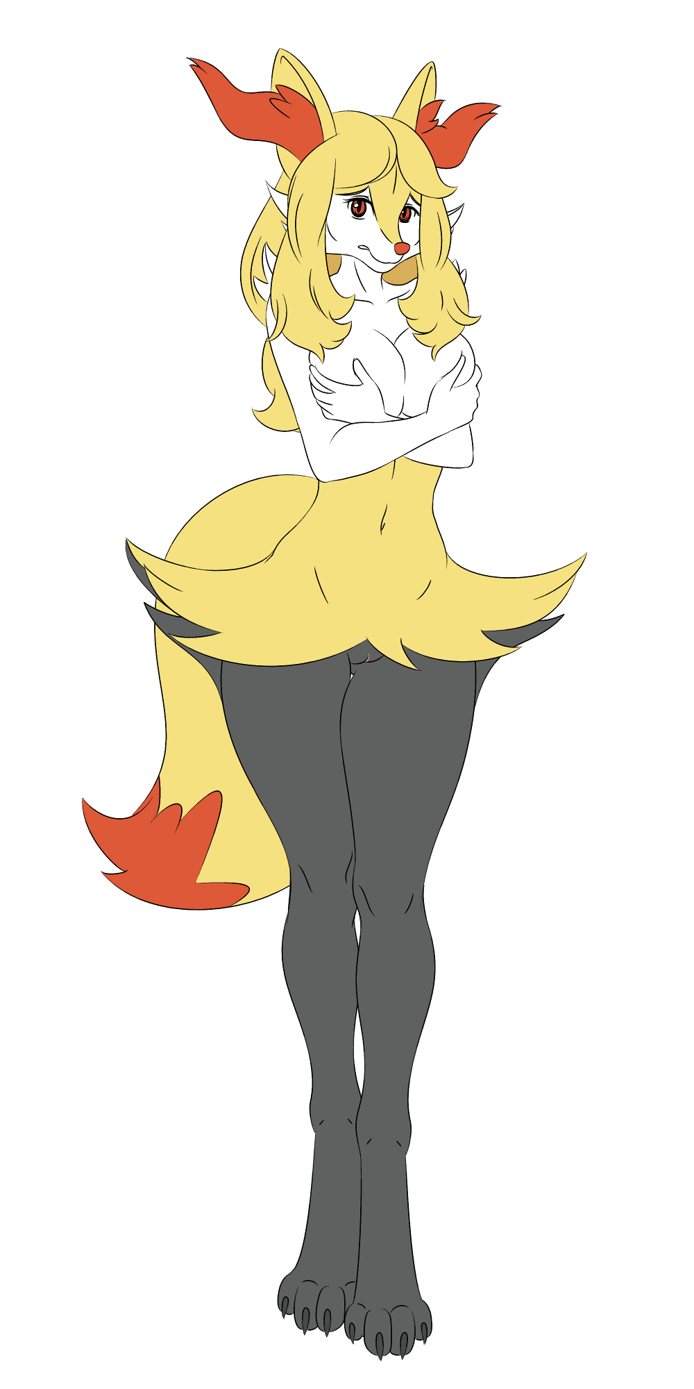 2019 4_toes after_transformation alternate_species anthro arm_tuft big_breasts black_body black_fur blonde_hair braided_hair braixen breasts cheek_tuft claws clothing covering covering_breasts crossed_arms digital_drawing_(artwork) digital_media_(artwork) dress ear_tuft embarrassed eyebrows facial_tuft feet female fur generation_6_pokemon genitals grin hair hi_res implied_transformation leg_tuft long_hair multicolored_body navel nickfaire nintendo nude orange_body orange_eyes orange_fur pokemon pokemon_(species) pokemorph pussy serena_(pokemon) shy simple_background smile snout solo standing tail thick_thighs toe_claws toes transformation tuft two_tone_body unknown_artist white_background white_body white_fur yellow_body yellow_fur