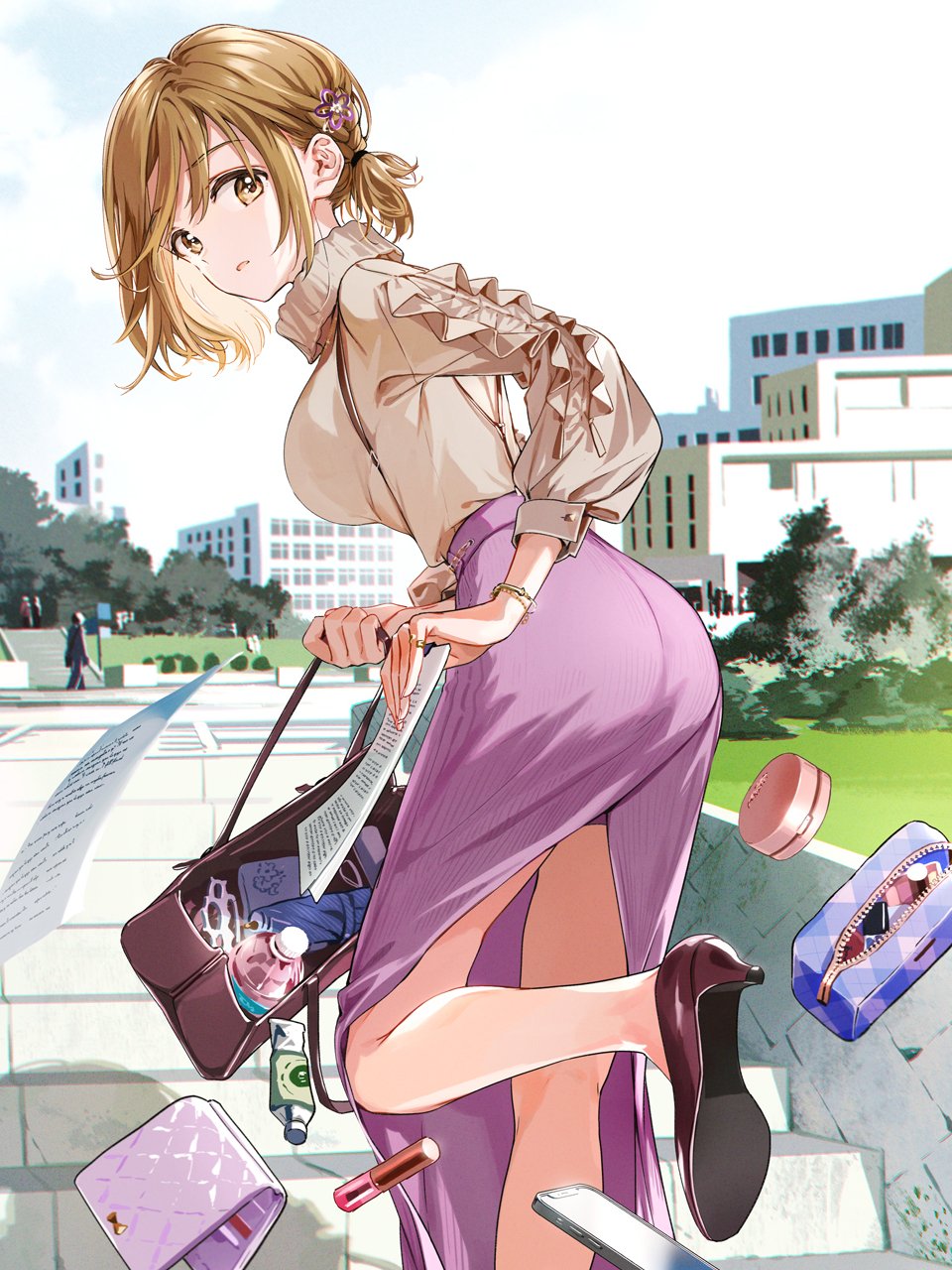 1girl ass bag blonde_hair brass_knuckles breasts cityscape closed_umbrella cosmetics cover cover_page dropping frilled_shirt frills full-length_zipper hair_ornament hand_mirror high_collar high_heels highres holding holding_bag holding_paper koiwai_yoshino large_breasts lipstick lipstick_tube long_skirt long_sleeves looking_at_viewer looking_back makeup masamune-kun_no_revenge mirror novel_cover novel_illustration official_art open_bag outdoors paper parted_lips pink_skirt plastic_bottle ponytail shirt short_hair skirt solo stairs stone_stairs thighs tiv toothpaste umbrella unzipping wallet weapon wristband yellow_eyes zipper