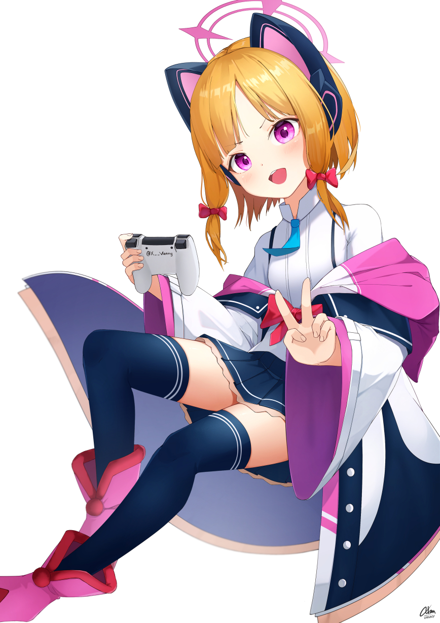 1girl :d animal_ear_headphones animal_ears black_thighhighs blue_archive blue_necktie blunt_bangs cat_ear_headphones coat collared_shirt commentary_request controller dualsense fake_animal_ears game_controller hair_ribbon halo headphones highres holding holding_controller holding_game_controller knee_up long_sleeves looking_at_viewer momoi_(blue_archive) necktie open_clothes open_coat orange_hair parted_bangs playstation_controller pleated_skirt purple_eyes ribbon school_uniform shirt short_hair sidelocks simple_background sitting skirt smile solo suspender_skirt suspenders thighhighs tress_ribbon v white_background white_coat xsan_vanny zettai_ryouiki