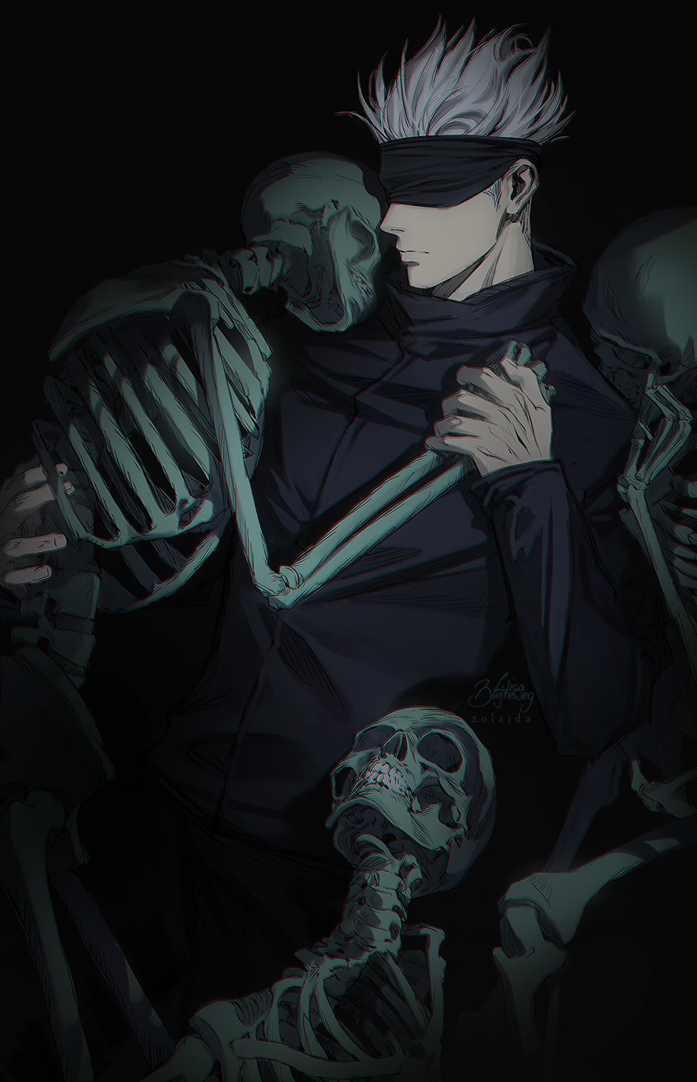 1boy 2023 black_blindfold blindfold blue_shirt bone gojou_satoru highres jujutsu_kaisen lisa_buijteweg male_focus prison_realm_(jujutsu_kaisen) ribs shirt skeleton skull solo trapped white_hair