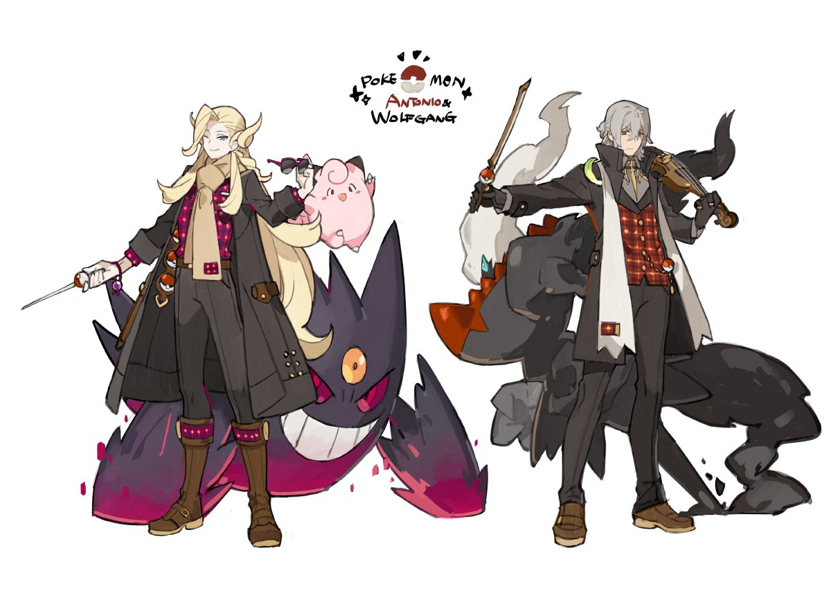 2boys ;) antonio_salieri_(fate) asymmetrical_bangs black_coat black_gloves blonde_hair blue_eyes boots bow_(music) bracelet brown_footwear brown_scarf coat darkrai eyewear_removed fate/grand_order fate_(series) feathers full_body gengar gloves grey_hair grey_shirt hair_between_eyes half_updo hand_up holding holding_bow_(music) holding_instrument holding_removed_eyewear holding_violin holding_wand instrument jewelry jigglypuff long_hair long_sleeves looking_at_viewer male_focus mega_gengar mega_pokemon multiple_boys necklace one_eye_closed open_clothes open_coat parody plaid plaid_shirt plaid_vest poke_ball poke_ball_(basic) pokemon pokemon_(creature) purple_shirt red_eyes red_vest scarf shirt shoes simple_background smile standing starshadowmagician stole sunglasses vest violin wand white_background wolfgang_amadeus_mozart_(fate)