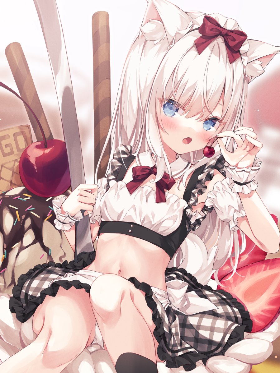 1girl :o animal_ear_fluff animal_ears blue_eyes blush bow breasts cherry collar commentary crop_top detached_collar detached_sleeves english_commentary food frilled_skirt frills fruit hair_between_eyes hair_bow hand_up highres holding holding_food hoshi_(snacherubi) ice_cream long_hair looking_at_viewer mini_person minigirl navel open_mouth original panties plaid plaid_skirt pocky puffy_short_sleeves puffy_sleeves red_bow short_sleeves sitting skirt small_breasts solo spoon strawberry tail underwear very_long_hair white_collar white_hair white_panties white_sleeves wrist_cuffs