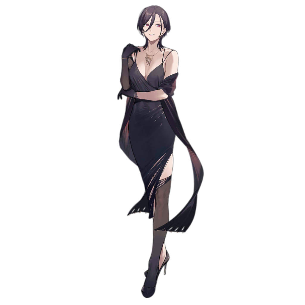 1girl asymmetrical_gloves asymmetrical_legwear black_dress black_gloves black_hair bramedb_(girls'_frontline) breasts cleavage dress duoyuanjun elbow_gloves full_body girls'_frontline gloves grin high_heels jewelry large_breasts medium_hair necklace official_art red_eyes simple_background single_elbow_glove single_thighhigh sleeveless smile solo spaghetti_strap spoilers thighhighs third-party_source transparent_background