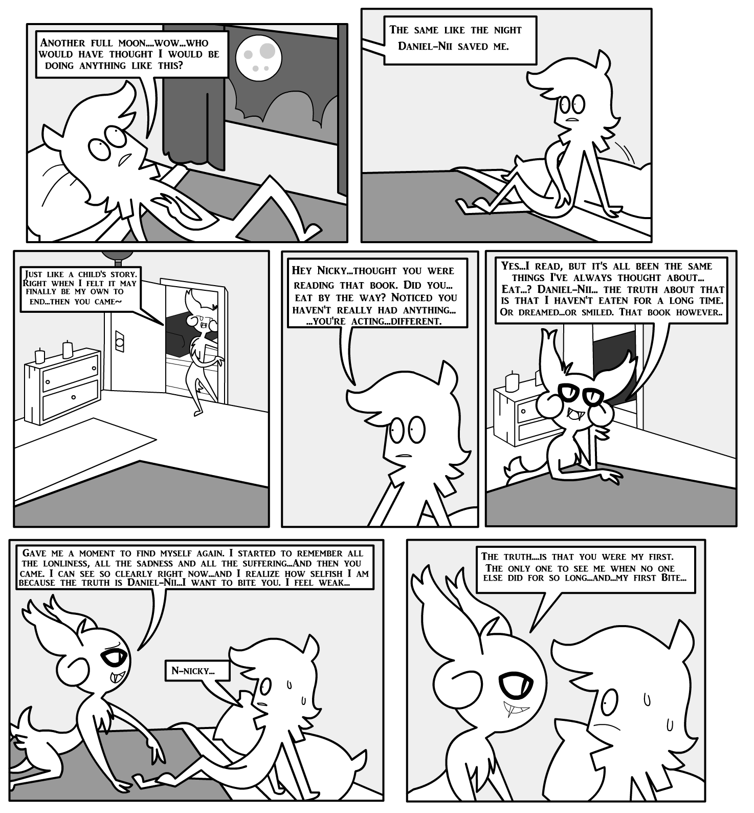 ambiguous_gender anthro bat bed bodily_fluids border candle carpet comic curtains daniel_toke dialogue door doorframe doorknob doorway drawer duo english_text fangs furniture greyscale hi_res human iconography inside lying male male/ambiguous mammal monochrome moon motion_lines nicky_(abfmh) night on_bed open_mouth overbite pillow scut_tail shane_frost short_tail sitting speech_bubble standing sweat sweatdrop tail teeth text walking white_border window worried
