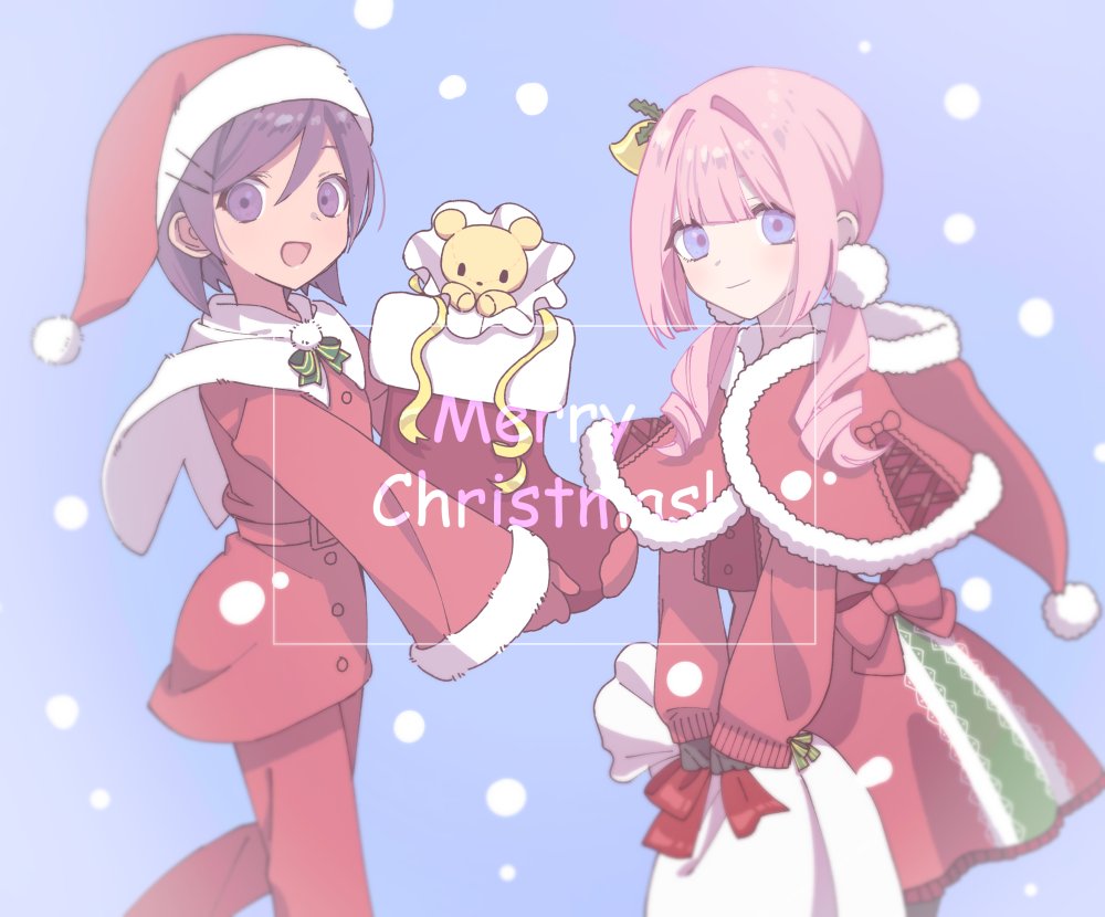 2girls amekawa_momo belt black_hair blue_eyes christmas christmas_ornaments christmas_present christmas_sweater dollhouschool gift hat hoshino_ruka multiple_girls pastel_colors pink_hair purple_eyes santa_hat short_hair snow stuffed_animal stuffed_toy teddy_bear toy_box_no_yume_no_naka_de twintails utusiyoturai