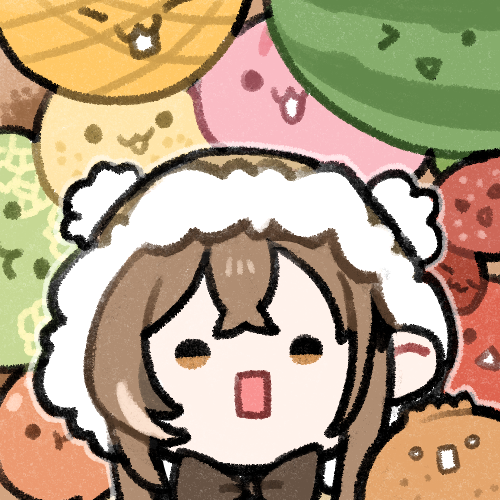 1girl :3 brown_hair capelet cherry clipe food fruit hololive hololive_english hood lowres melon nanashi_mumei orange_(fruit) peach pear pineapple solo square_mouth strawberry suika_game triangle_mouth virtual_youtuber watermelon