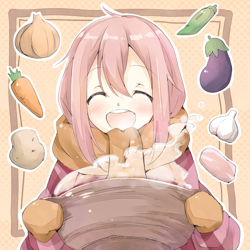 1girl blush brown_gloves brown_scarf carrot chili_pepper closed_eyes cooking cooking_pot eggplant enpera garlic gloves hair_between_eyes holding_cooking_pot jacket kagamihara_nadeshiko long_hair long_sleeves onion open_mouth orange_background pink_hair pink_jacket polka_dot polka_dot_background potato sanpo scarf smile solo steam teeth upper_body upper_teeth_only yurucamp