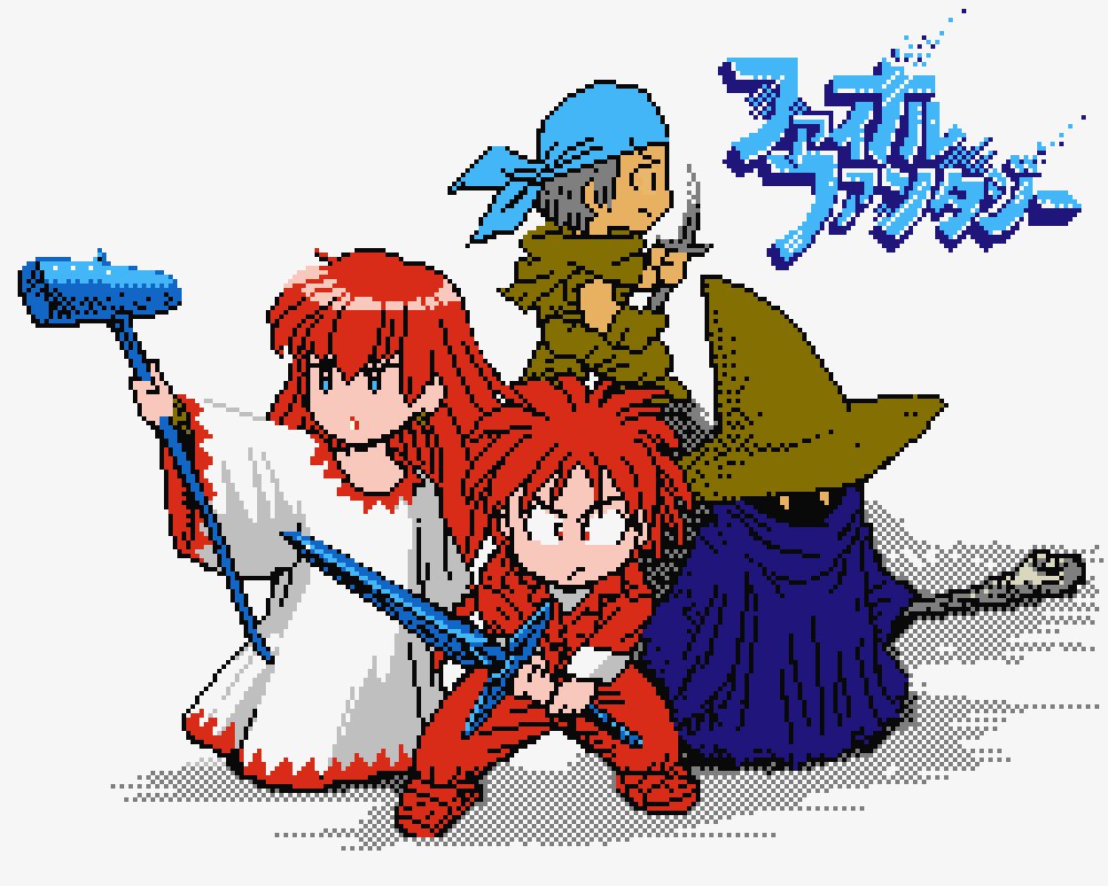 1girl 1other 2boys bandana black_mage black_mage_(fft) blue_bandana blue_robe copyright_name dithering fighter_(final_fantasy_i) final_fantasy final_fantasy_i glowing glowing_eyes hat holding holding_knife holding_sword holding_wand holding_weapon knife limited_palette long_hair looking_at_viewer multiple_boys no_nose pixel_art protonozawa red_hair robe spiked_hair standing sword thief_(final_fantasy) wand weapon white_mage white_mage_(fft) white_robe witch_hat yellow_headwear