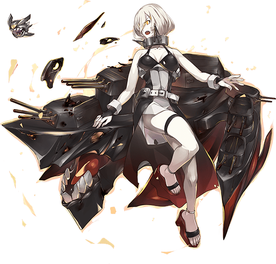 1girl abyssal_ship barefoot belt breasts bridal_gauntlets colored_skin european_little_sister_princess full_body kantai_collection konishi_(koconatu) large_breasts official_art open_mouth pale_skin sandals short_hair solo thigh_strap transparent_background turret white_belt white_hair white_skin yellow_eyes