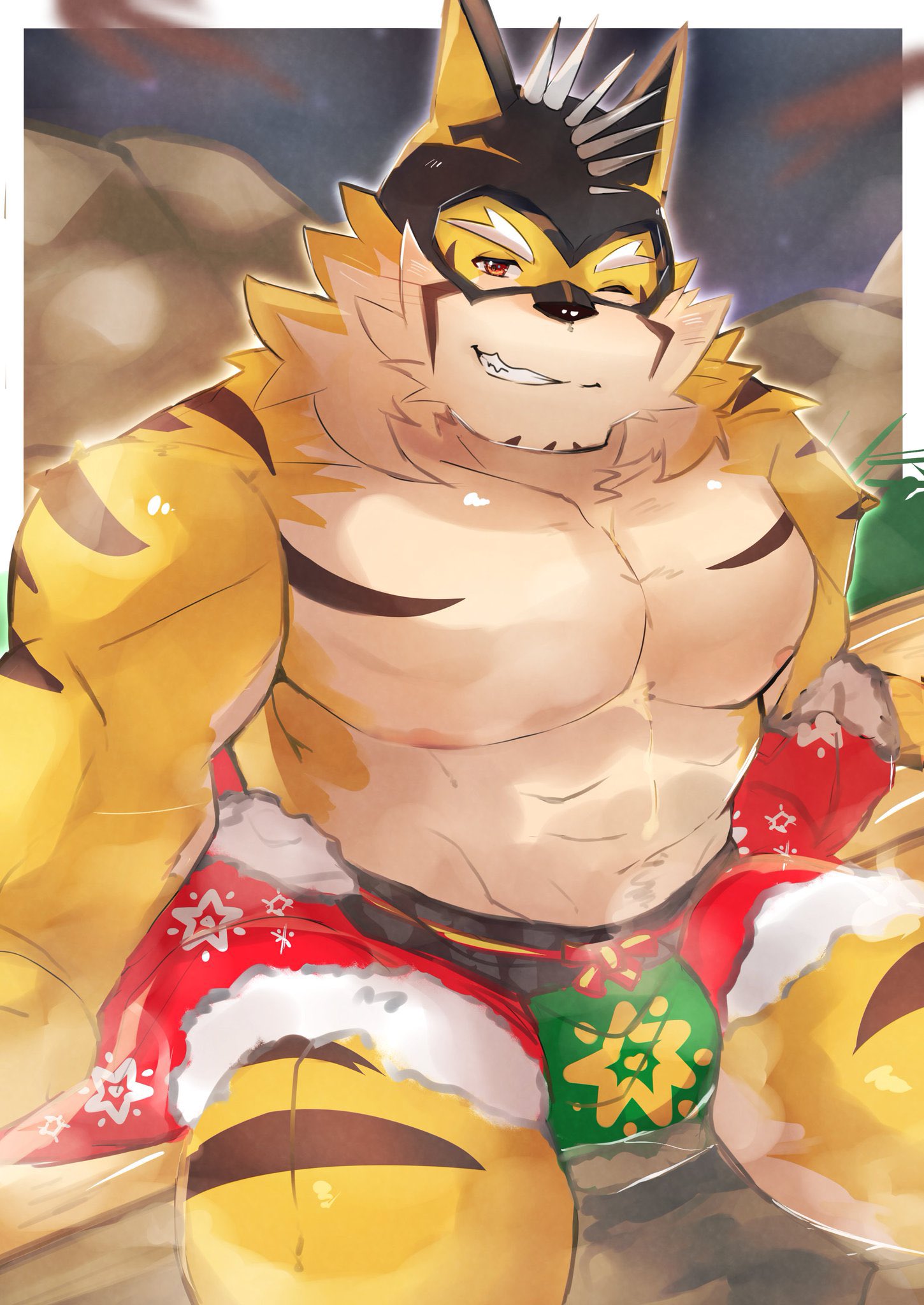 anthro bulge christmas christmas_clothing clothed clothing eyebrows felid fur grin hi_res holidays lifewonders live_a_hero looking_at_viewer male mammal mask mine_miki0840 muscular muscular_anthro muscular_male nipples one_eye_closed orange_body orange_fur pantherine pecs ryekie_(live_a_hero) sitting smile solo striped_body striped_fur stripes superhero thick_eyebrows tiger topless wink