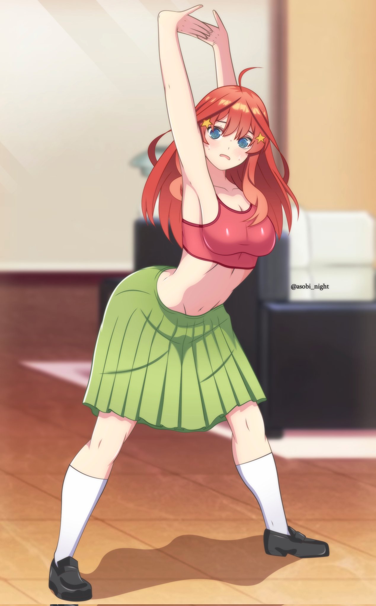 1girl ahoge arched_back asobi_night blue_eyes blush breasts cleavage cowboy_shot curvy flexible go-toubun_no_hanayome green_skirt hair_ornament highres kneehighs large_breasts leaning_forward looking_at_viewer midriff nakano_itsuki navel open_mouth plump red_sports_bra shoes skindentation skirt socks solo sports_bra star_(symbol) star_hair_ornament thick_thighs thighs wide_hips