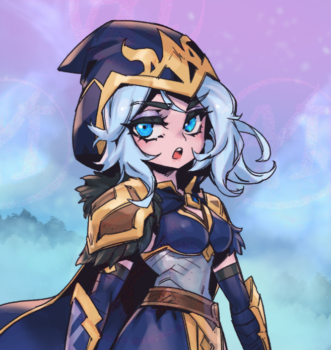 1girl :o ashe_(league_of_legends) belt black_cape blue_cape blue_skirt blue_sleeves breasts brown_belt cape cloud forest fur-trimmed_armor green_eyes grey_hair hood hood_up hooded_cape league_of_legends medium_breasts medium_hair nature outdoors phantom_ix_row pink_background pink_sky shoulder_plates skirt sky solo teeth upper_teeth_only