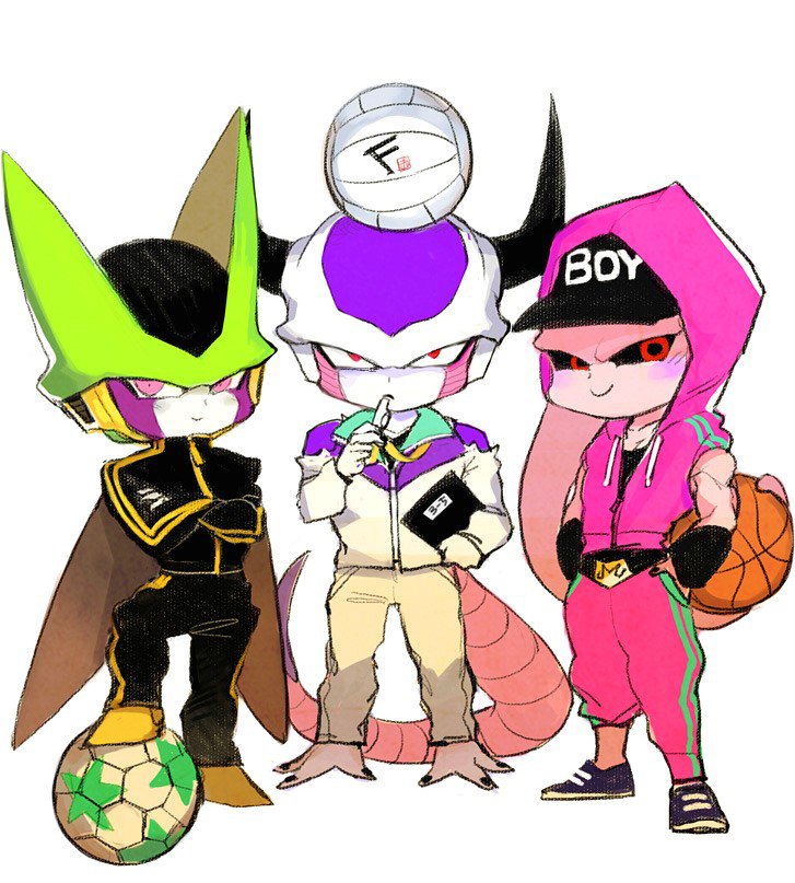 3boys akame_(chokydaum) arthropod_boy ball baseball_cap basket black_sclera cell_(dragon_ball) chibi closed_mouth colored_sclera colored_skin crossed_arms dragon_ball dragon_ball_z frieza hand_in_pocket hat holding holding_basket holding_whistle hood hood_up hoodie horns insect_wings looking_at_viewer majin_buu multiple_boys pink_eyes pink_hoodie pink_skin red_eyes smile soccer_ball super_buu tail track_suit volleyball whistle wings