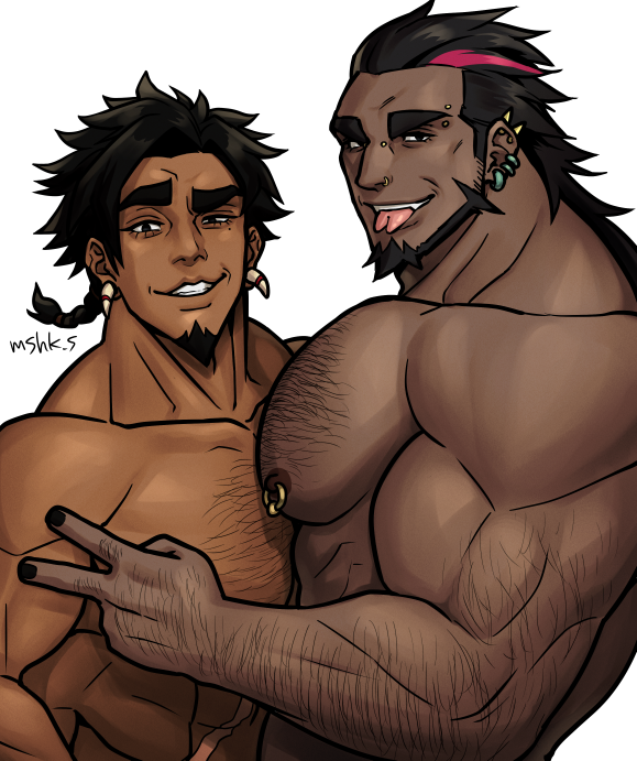 2boys abs arm_hair bara beard black_hair braid braided_ponytail chest_hair dark-skinned_male dark_skin facial_hair forehead forked_tongue from_side goatee hairy hand_hair huge_eyebrows knuckle_hair large_pectorals long_sideburns looking_at_viewer male_focus masa_(mshk_s) mature_male multicolored_hair multiple_boys muscular muscular_male nipple_piercing nipple_rings nipples nude original pectorals piercing pink_hair seductive_smile sideburns sideburns_stubble smile streaked_hair thick_eyebrows thick_neck tongue tooth_earrings tribal v yaoi