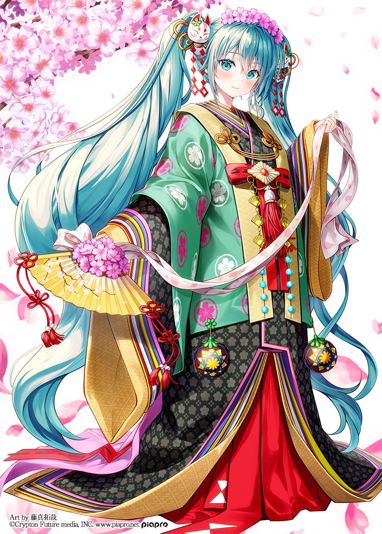 1girl black_kimono blue_eyes blue_hair branch closed_mouth commentary_request crypton_future_media floral_print flower folding_fan fox_mask fujima_takuya full_body hair_flower hair_ornament hand_fan hatsune_miku holding holding_fan japanese_clothes karaginu_mo kimono layered_clothes layered_kimono long_hair long_sleeves mask mask_on_head official_art petals piapro pink_flower print_kimono simple_background smile solo twintails very_long_hair vocaloid white_background wide_sleeves