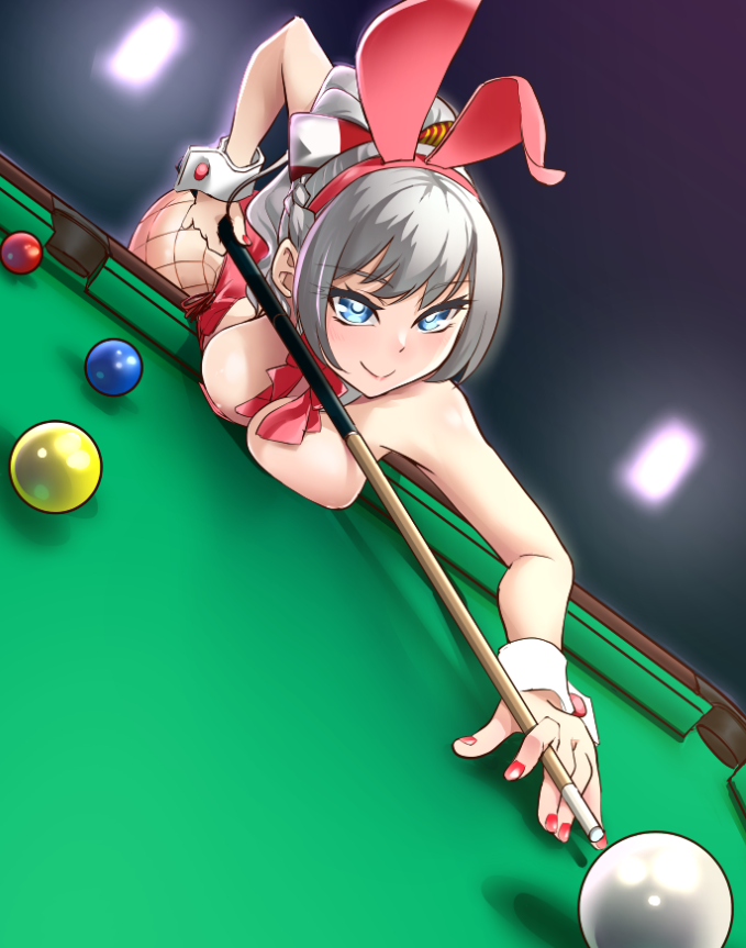 1girl alternate_hairstyle animal_ears ball billiard_ball billiards blue_eyes bow bowtie breast_press breasts cue_stick detached_collar dutch_angle fishnet_pantyhose fishnets grey_hair holding_cue_stick kantai_collection kashima_(kancolle) large_breasts leotard long_hair pantyhose playboy_bunny pool_table rabbit_ears red_bow red_bowtie red_leotard red_nails solo strapless strapless_leotard table udukikosuke wavy_hair wrist_cuffs