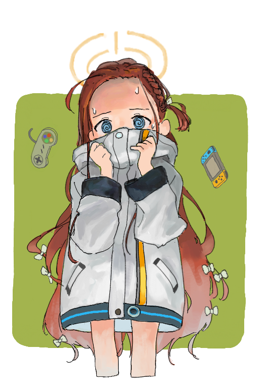 1girl @_@ blue_archive blue_eyes border bow braid coat controller covered_mouth cropped_legs forehead game_console game_controller green_background hair_bow hamachi_(galileo0309) hands_up high_collar long_hair long_sleeves looking_at_viewer messy_hair multiple_hair_bows nintendo_switch no_pants outside_border red_hair side_braid solo super_nintendo sweat very_long_hair white_border white_bow white_coat yuzu_(blue_archive)