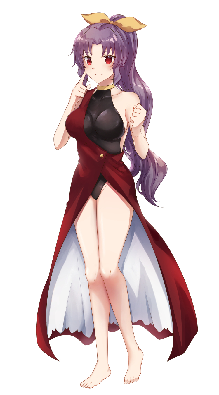 1girl adapted_costume bare_legs bare_shoulders barefoot blush breasts closed_mouth commission dress finger_to_cheek full_body hair_ribbon hands_up high_ponytail highres index_finger_raised knees_together_feet_apart koto_(shiberia39) large_breasts legs long_hair parted_bangs ponytail purple_hair red_dress red_eyes ribbon sideboob simple_background single_strap skeb_commission smile solo toes touhou very_long_hair watatsuki_no_yorihime white_background yellow_ribbon