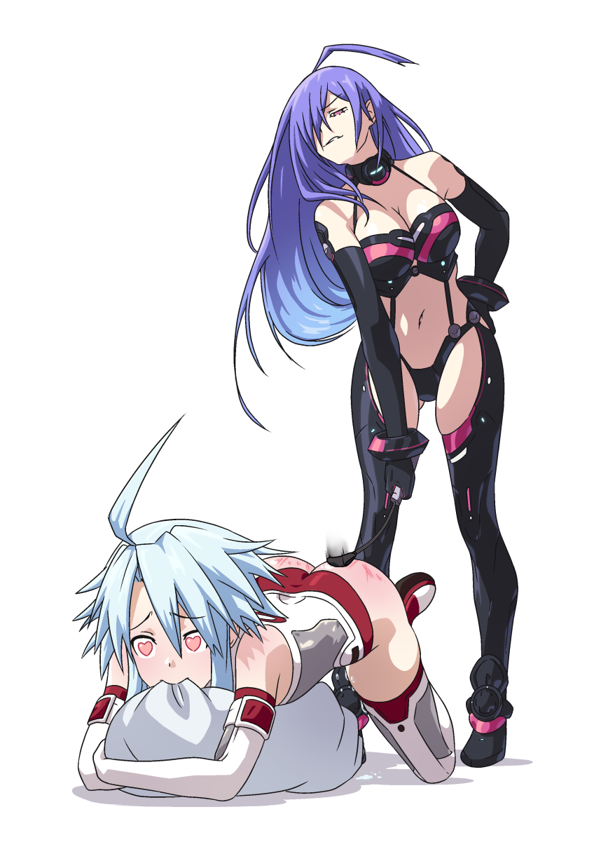 2girls ahoge black_thighhighs blue_hair blush breasts cleavage commission dominatrix elbow_gloves full_body gloves heart heart-shaped_pupils highres iris_heart kami_jigen_game_neptune_v long_hair looking_at_viewer masochism multiple_girls navel neptune_(series) power_symbol purple_hair red_eyes short_hair_with_long_locks smile spanked spanking symbol-shaped_pupils thighhighs whip whip_marks whipping white_heart