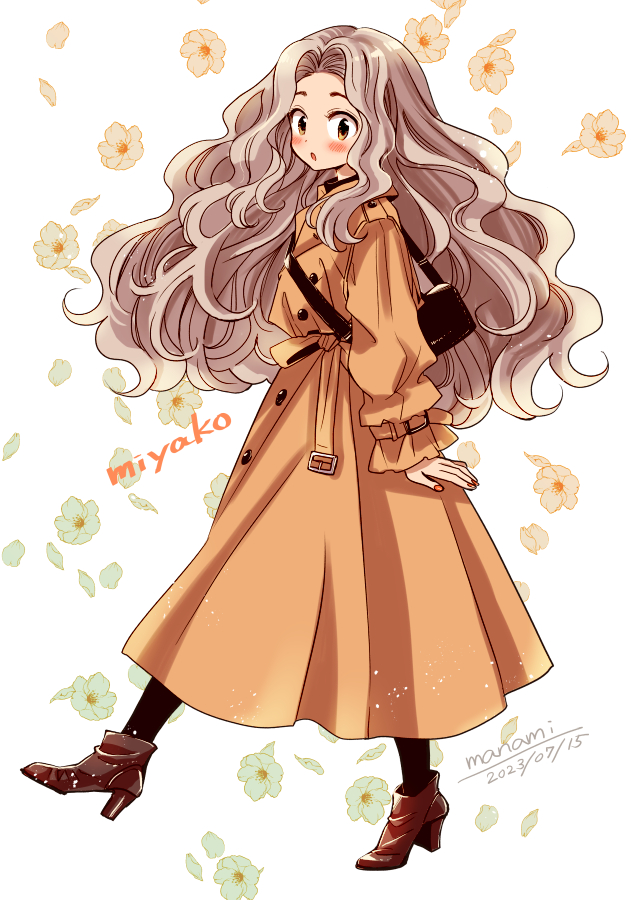 1girl :o artist_name bag black_bag black_pantyhose blush brown_eyes brown_footwear buttons character_name commentary_request dated dress floral_background frilled_sleeves frills from_side full_body grey_background high_heels himawari-san leaf leaf_background leg_up light_brown_hair long_hair long_sleeves looking_at_viewer looking_to_the_side nail_polish oomiya_miyako open_mouth orange_dress orange_nails pantyhose shoulder_bag signature simple_background solo standing standing_on_one_leg sugano_manami very_long_hair wavy_hair