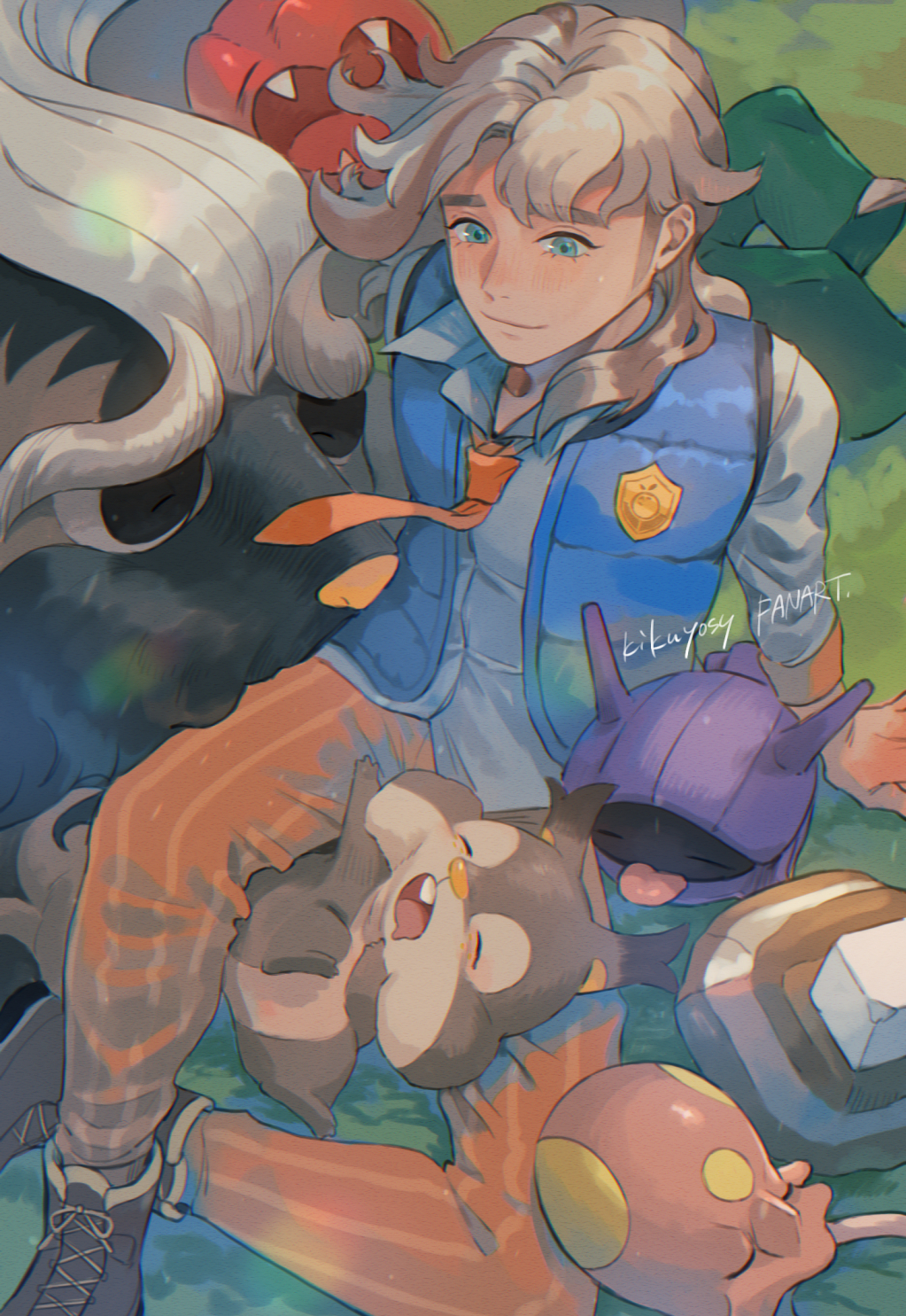 1boy arm_support arven_(pokemon) blonde_hair blue_vest boots closed_mouth collared_shirt commentary_request day eyelashes grass green_eyes highres kikuyoshi_(tracco) long_hair mabosstiff male_focus necktie orange_necktie orange_pants outdoors pants pokemon pokemon_(creature) pokemon_(game) pokemon_sv school_uniform scovillain shellder shirt signature sitting skwovet smile toedscool vest