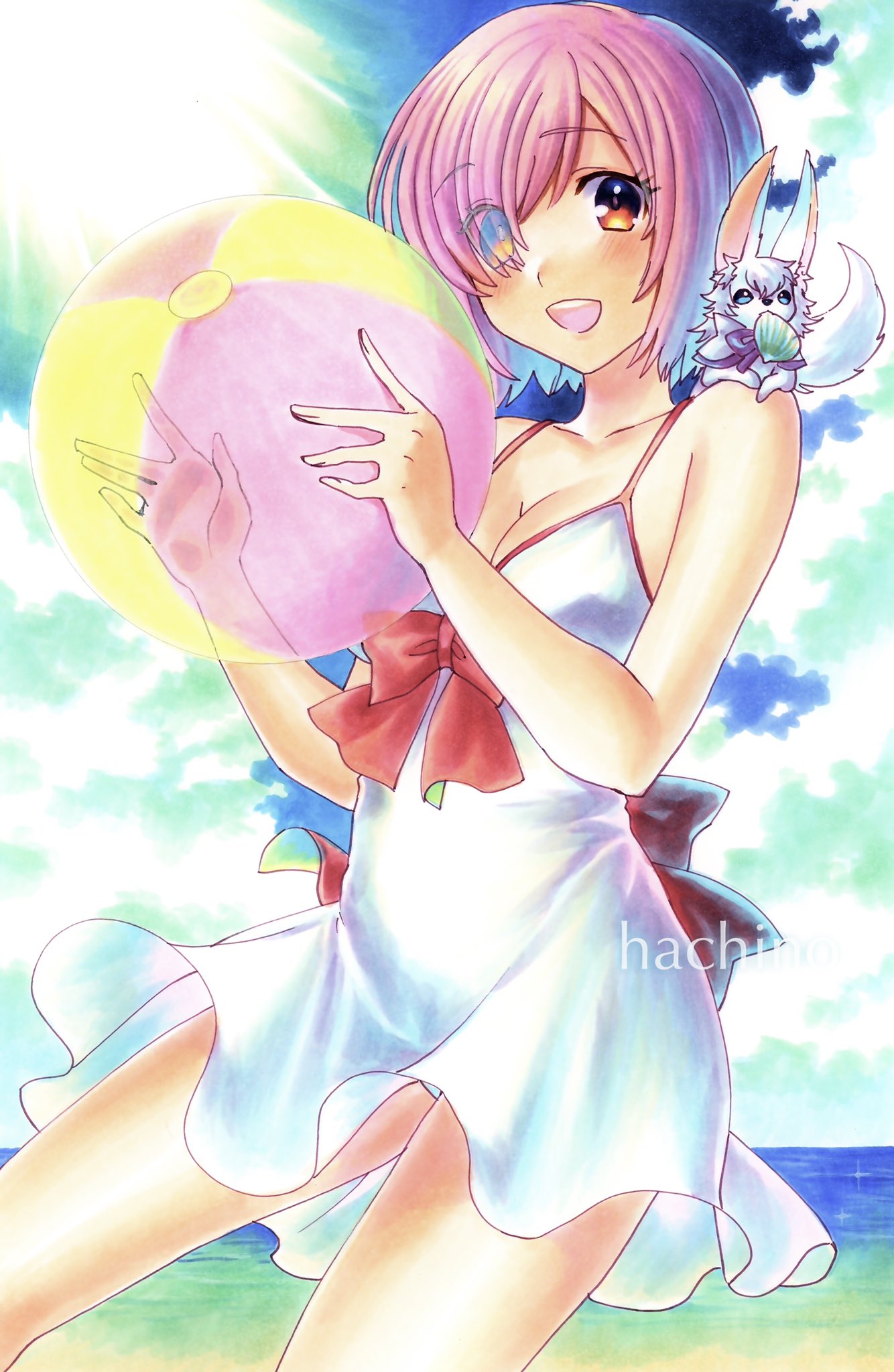 1girl animal_on_shoulder back_bow ball bare_shoulders beachball blush bow breasts clam cleavage cloud cowboy_shot day dress fate/grand_order fate_(series) fou_(fate) hachi78b highres horizon looking_at_viewer marker_(medium) mash_kyrielight open_mouth orange_eyes outdoors panties panty_peek purple_hair red_bow short_hair sky small_breasts smile solo sundress traditional_media underwear water white_dress white_panties