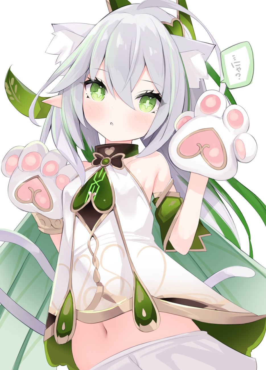 1girl :o animal_ear_fluff animal_ears animal_hands bare_shoulders bloomers blush breasts cat_ears cat_girl cat_tail cisyo commentary_request cross-shaped_pupils dress genshin_impact gloves green_eyes green_hair grey_hair hair_between_eyes hands_up highres kemonomimi_mode long_hair looking_at_viewer multicolored_hair nahida_(genshin_impact) navel parted_lips paw_gloves simple_background small_breasts solo streaked_hair symbol-shaped_pupils tail translation_request underwear very_long_hair white_background white_bloomers white_dress white_gloves