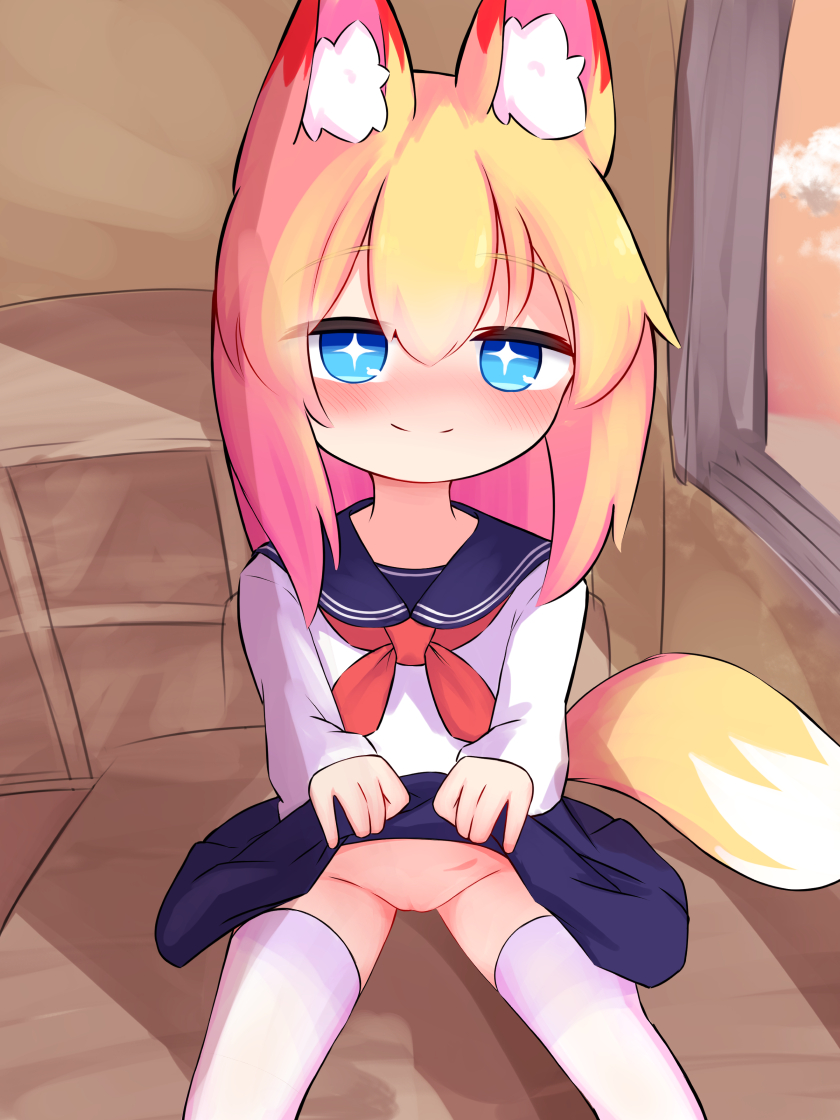 animal_humanoid asian_clothing blue_eyes bottomless bottomwear canid canid_humanoid canine canine_humanoid classroom clothed clothing desk dipstick_tail east_asian_clothing female flashing fox_humanoid foxgirl furniture genitals hair humanoid japanese_clothing japanese_school_uniform koni_(yigyuki) light_body light_skin looking_at_viewer mammal mammal_humanoid markings orange_hair orange_tail pussy red_ear_tips school school_uniform serafuku sitting skirt smile solo table tail tail_markings uniform upskirt white_tail_tip yigyuki young