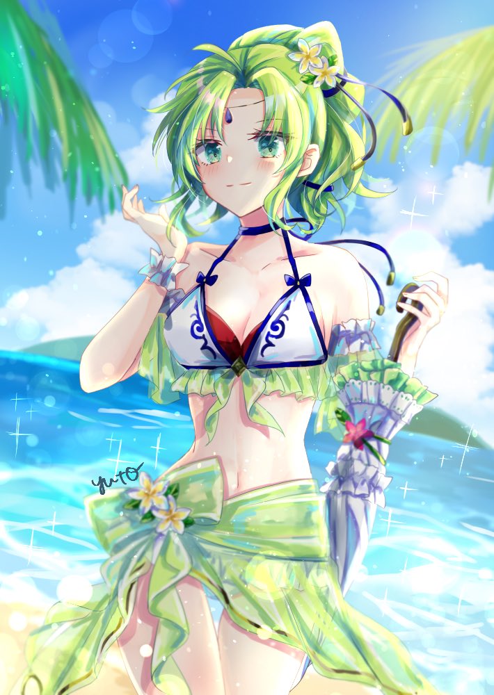 1girl artist_name bare_shoulders bikini blue_sky breasts cleavage cloud collarbone cowboy_shot fire_emblem fire_emblem:_the_sacred_stones fire_emblem_heroes flower green_eyes green_hair green_sarong hair_flower hair_ornament hair_ribbon holding holding_umbrella l'arachel_(fire_emblem) l'arachel_(summer)_(fire_emblem) looking_at_viewer navel ocean official_alternate_costume outdoors ribbon sarong sky smile solo swimsuit umbrella yuyu_(spika)