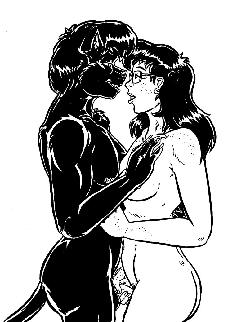 anthro black_body black_fur black_hair breasts chest_tuft duo ear_piercing ear_ring eye_contact eyewear eyewear_only felid female freckles fur genitals gilbert_(stylewager) glasses glasses_only hair hand_on_breast hand_on_stomach holding_another holding_penis human human_on_anthro interspecies jaque_smith looking_at_another male male/female mammal monochrome nipples nude pantherine penis piercing pubes ring_piercing style_wager tuft