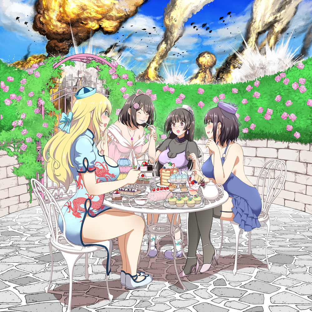 4girls alternate_costume amanogami_dai atago_(kancolle) bare_shoulders black_hair blonde_hair blue_dress blue_sky chair china_dress chinese_clothes choukai_(kancolle) comiket_96 dress earrings eating explosion gun handgun holding holding_spoon jewelry kantai_collection mauser_c96 maya_(kancolle) multiple_girls necklace outdoors purple_headwear sky spoon table takao_(kancolle) tea war weapon