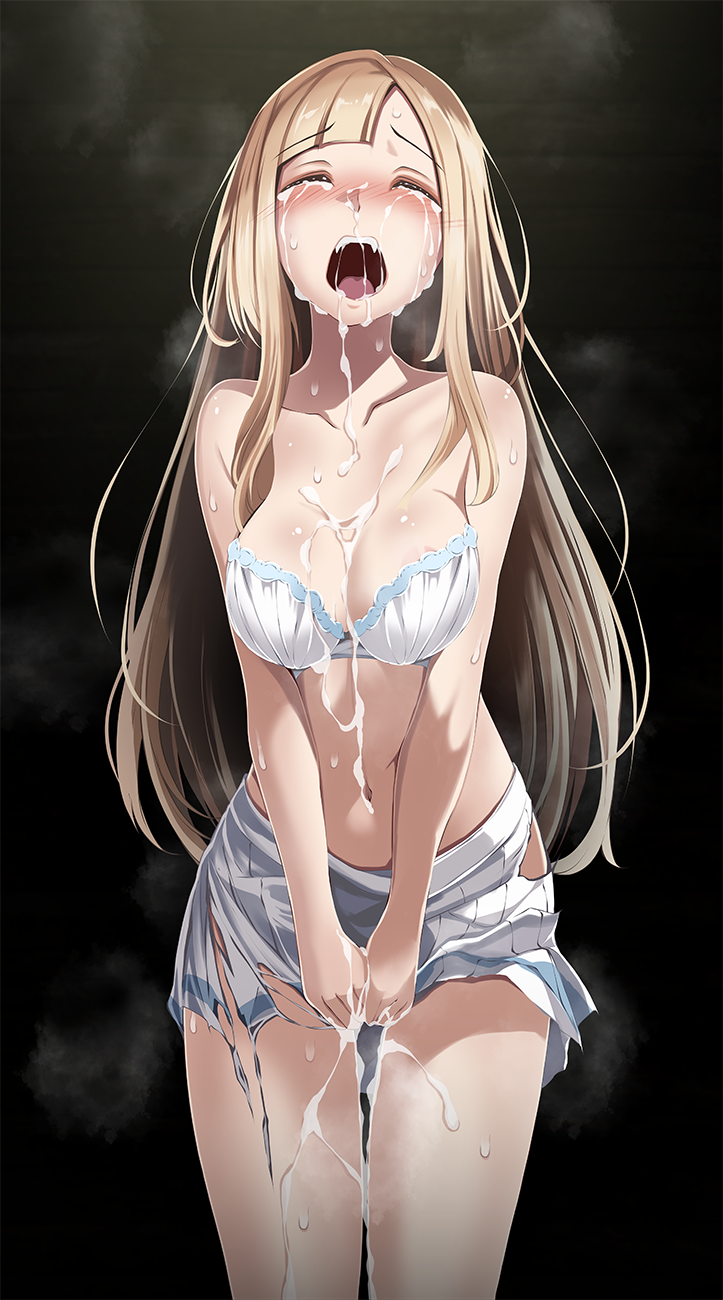 1girl after_rape bare_arms black_background blonde_hair bra breasts cleavage closed_eyes collarbone crying cum cum_in_mouth cum_on_body cum_on_breasts facial highres lillie_(pokemon) long_hair medium_breasts miniskirt navel open_mouth pleated_skirt pokemon pokemon_(game) pokemon_sm skirt solo standing straight_hair strapless strapless_bra thigh_gap torn_clothes torn_skirt tsukishiro_saika underwear very_long_hair white_bra white_skirt