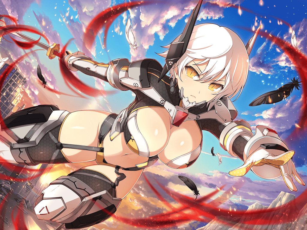 1girl black_feathers black_garter_straps blue_sky breasts building city cityscape cleavage closed_mouth cloud cloudy_sky cyborg day debris dusk energy evening feathers fire frown garter_straps gloves gradient_sky groin holding holding_sword holding_weapon katana large_breasts leg_armor linea_alba looking_at_viewer mechanical_parts miyabi_(senran_kagura) mountain navel official_alternate_costume official_art orange_sky outdoors post-apocalypse revealing_clothes ruins senran_kagura senran_kagura_new_link senran_kagura_shinovi_versus shiny_skin short_hair sky skyscraper slit_pupils solo sparks sun sunset sword thighhighs tsuba_(guard) tsuka-ito tsuka_(handle) unsheathed weapon white_feathers white_gloves white_hair window yaegashi_nan yellow_eyes yellow_sky