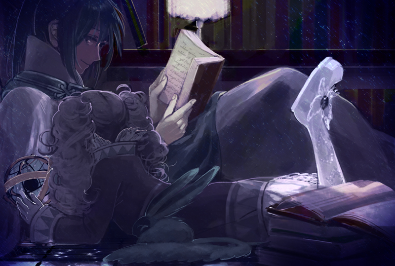 1boy 1girl black_hair blue_eyes book closed_mouth creature dim_lighting dress fon-due_(fonfon) gloves holding holding_book keele_zeibel library light_particles long_hair looking_at_another lying meredy_(tales) on_floor open_book pantyhose ponytail purple_hair quickie_(tales) reading robe smile tales_of_(series) tales_of_eternia twintails