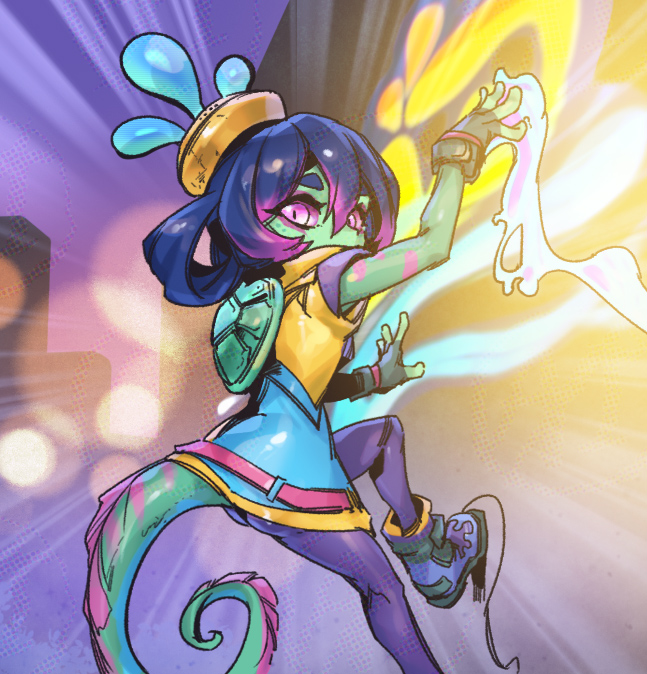1girl blue_hair building chameleon_girl chameleon_tail climbing colored_sclera colored_skin foot_out_of_frame full_body gradient_hair graffiti green_skin hair_between_eyes jacket league_of_legends looking_at_viewer multicolored_hair neeko_(league_of_legends) official_alternate_costume official_alternate_hairstyle outdoors phantom_ix_row pink_sclera purple_eyes purple_hair sidelocks solo street_demon_neeko tail two-tone_hair yellow_headwear