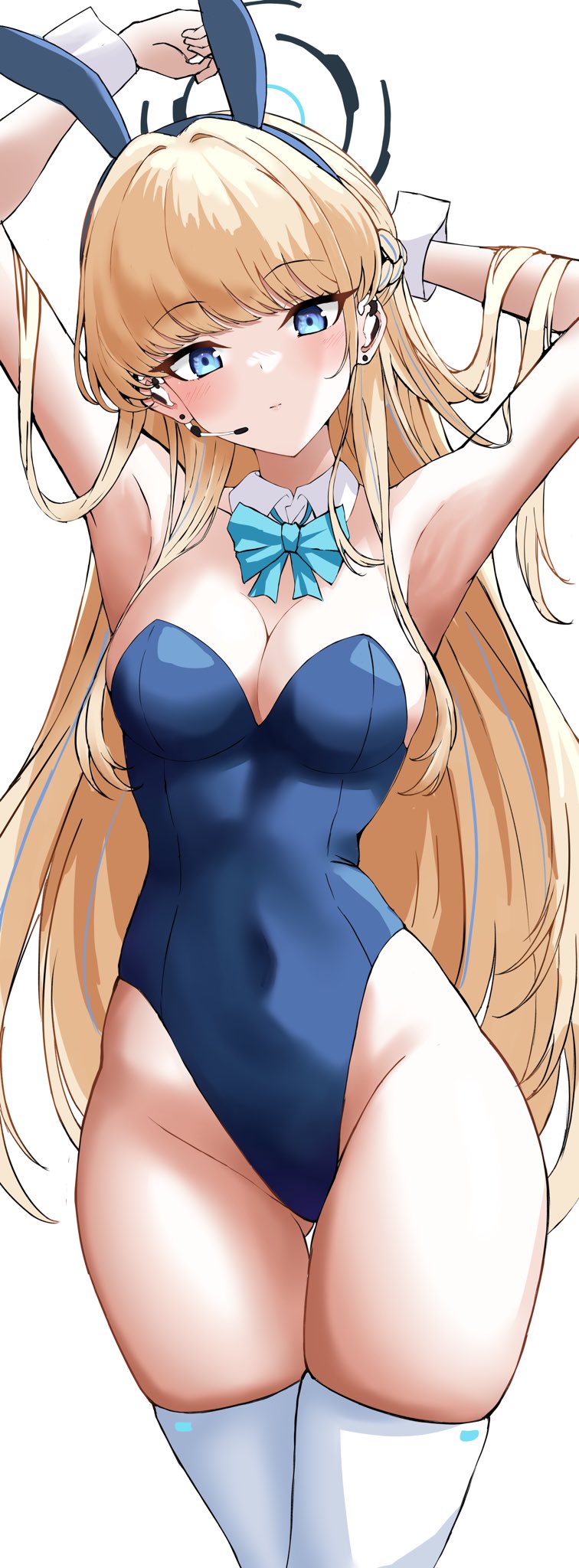 1girl animal_ears aqua_bow aqua_bowtie armpits arms_up blonde_hair blue_archive blue_eyes blue_leotard bow bowtie breasts cleavage covered_navel cowboy_shot detached_collar earpiece fake_animal_ears halo highleg highleg_leotard highres lds_(dstwins97) leotard long_hair official_alternate_costume playboy_bunny rabbit_ears strapless strapless_leotard thighhighs toki_(blue_archive) toki_(bunny)_(blue_archive) white_background white_thighhighs wrist_cuffs