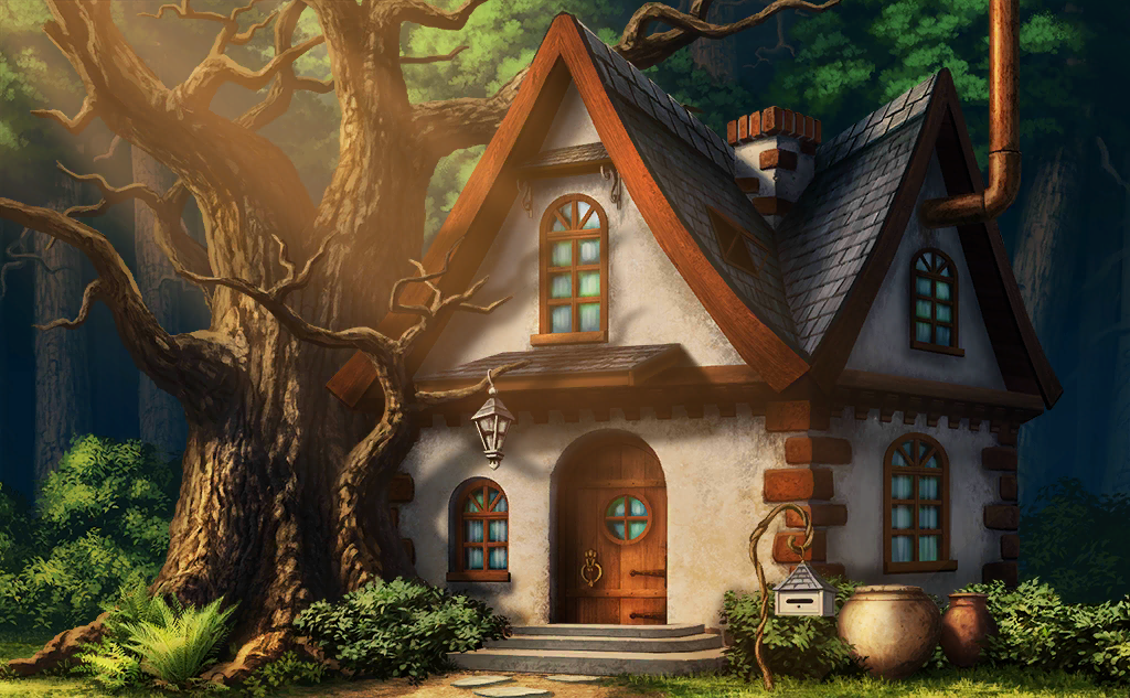 bare_tree brick bush chimney door foreshortening forest_of_magic game_cg house justinas_vitkus landscape lantern lead_pipe leaf mailbox_(incoming_mail) no_humans official_art outdoors path plant stairs sunlight touhou touhou_cannonball tree window