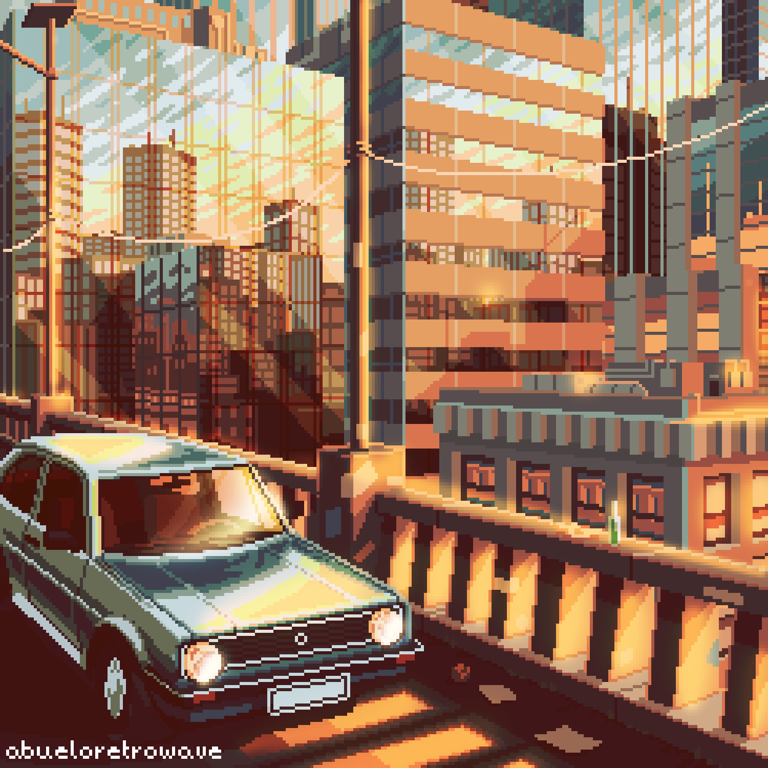 abueloretrowave bottle car city cityscape highres light_rays mortal_kombat_(series) motor_vehicle no_humans outdoors photoshop_(medium) pixel_art reflection scenery sunset synthwave third-party_edit vaporwave volkswagen wine_bottle wire