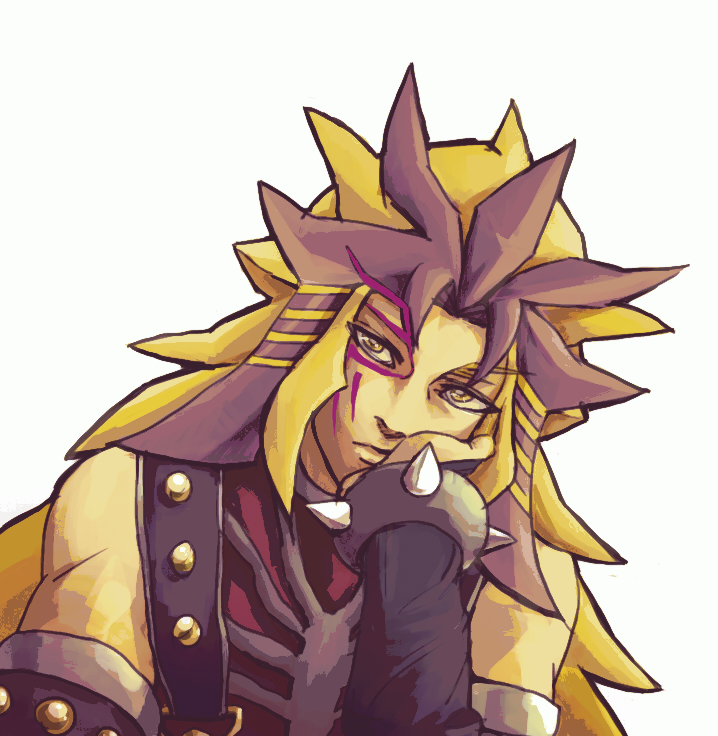 1boy blonde_hair bracelet dyed_bangs facial_mark hachiko_(wakadanna789) hand_on_own_face jacket jewelry long_hair male_focus paradox_(yu-gi-oh!) simple_background solo spiked_bracelet spiked_hair spikes studded_jacket upper_body white_background yellow_eyes yu-gi-oh! yu-gi-oh!_3d_bonds_beyond_time