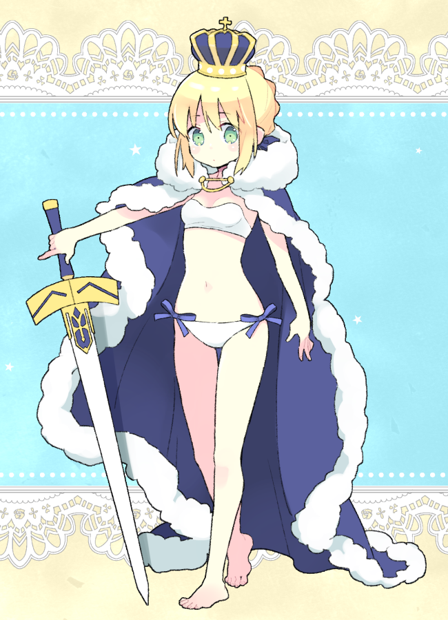 1girl 87banana artoria_pendragon_(fate) artoria_pendragon_(swimsuit_archer)_(fate) barefoot bikini blonde_hair blue_bow blue_cape bow cape crown excalibur_(fate/stay_night) fate/stay_night fate_(series) fur_trim green_eyes hair_bow solo swimsuit white_bikini white_swimsuit white_trim