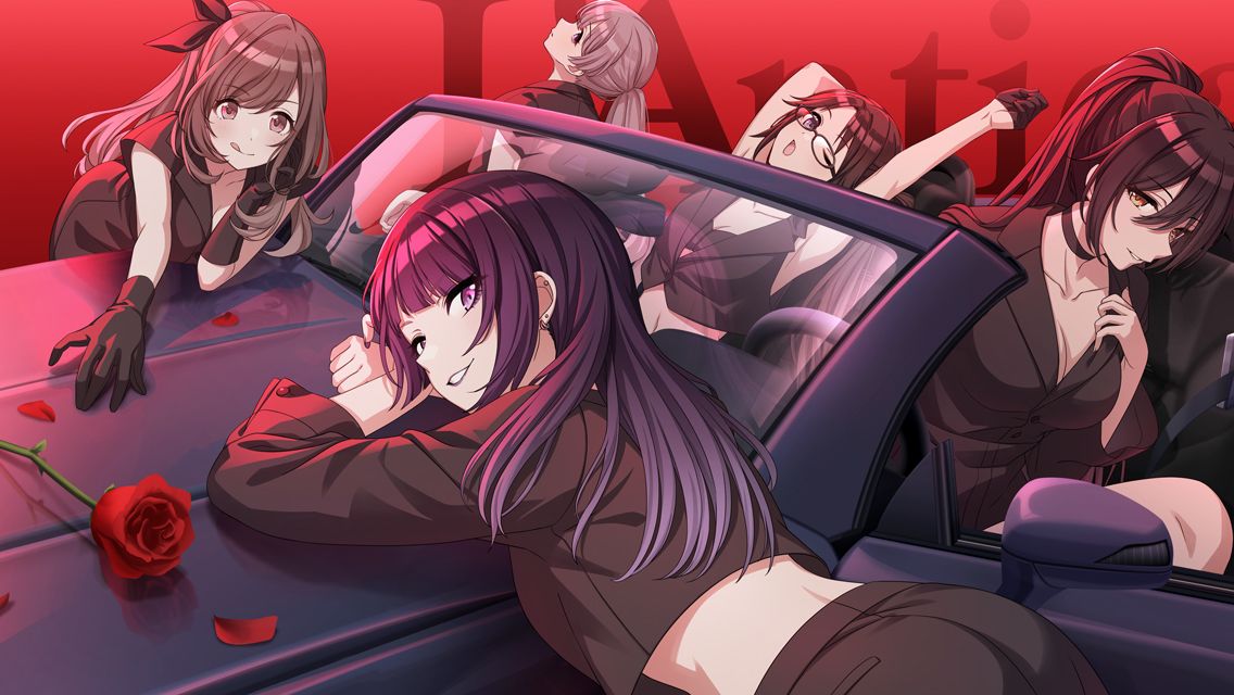 5girls :q ;o armpits ass back bent_over black_bow black_choker black_gloves black_jacket black_pants black_tube_top blunt_bangs bow breasts brown_eyes brown_hair car choker cleavage collarbone commentary cropped_jacket ear_piercing earrings english_text flower game_cg glasses gloves gradient_hair grin hair_bow half_gloves hand_in_own_hair head_tilt idolmaster idolmaster_shiny_colors jacket jewelry l'antica_(idolmaster) lapels large_breasts leaning_forward light_brown_hair long_hair long_sleeves looking_at_viewer midriff mitsumine_yuika motor_vehicle multicolored_hair multiple_girls navel notched_lapels official_art on_vehicle one_eye_closed open_mouth pants petals piercing ponytail profile purple_eyes purple_hair purple_lips reaching red_background red_flower red_rose rose rose_petals shirase_sakuya sideways_glance sleeveless sleeveless_jacket small_breasts smile strapless stretching tanaka_mamimi tongue tongue_out tsukioka_kogane tube_top yellow_eyes yukoku_kiriko