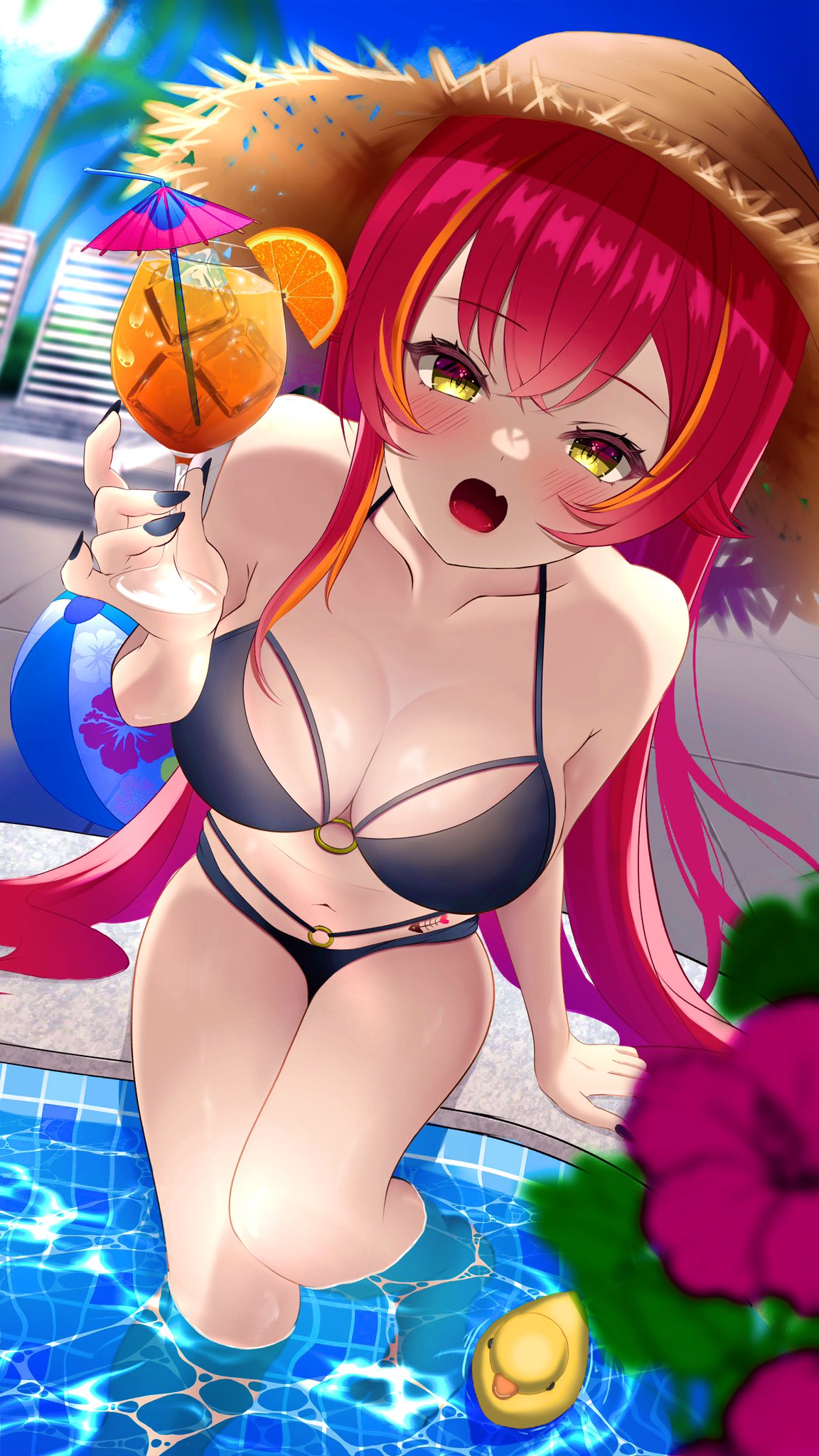 1girl arm_support ball beachball bikini black_bikini black_nails blue_sky blush breasts cocktail_glass cocktail_umbrella collarbone crossed_bangs cup day drinking_glass fang food foreshortening fruit hat highres jpeg_artifacts large_breasts long_hair looking_at_viewer multi-strapped_bikini multicolored_hair navel nekota_tsuna o-ring o-ring_bikini open_mouth orange_(fruit) orange_hair orange_slice outdoors pichu_(mew0206mew) pool poolside red_hair rubber_duck sitting skin_fang sky soaking_feet solo straw_hat streaked_hair summer sun swimsuit tropical_drink very_long_hair virtual_youtuber vspo! water yellow_eyes