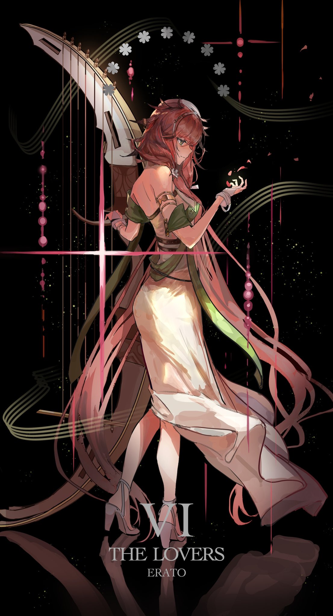 1girl absurdly_long_hair arknights black_background bracelet commentary dress erato_(arknights) feather_hair full_body gloves green_eyes hand_up harp high_heels highres instrument jewelry kasumi_yuzuha lens_flare long_hair looking_down partially_fingerless_gloves pink_hair reflection simple_background smile solo tarot very_long_hair white_dress white_footwear white_gloves